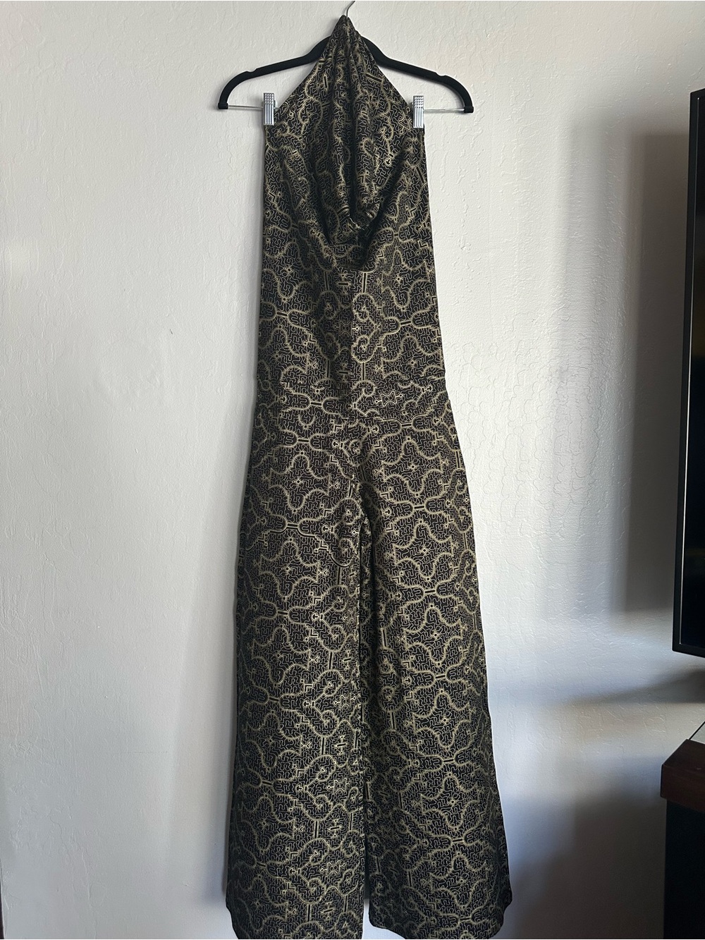 Halter-Neck Wide-Leg Jumpsuit in Black and Cream Print